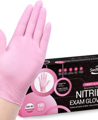 SwiftGrip Pink Nitrile Gloves, 3-mil, Industrial Gloves Disposable Latex Free, for Cleaning & Esthetician, Rubber Powder-Free, 100-ct Box (Medium)
